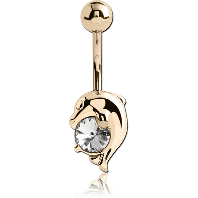 14K GOLD CZ DOLPHIN NAVEL BANANA WITH HOLLOW TOP BALL
