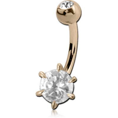 14K GOLD ROUND PRONG SET CZ NAVEL BANANA WITH JEWELLED TOP BALL