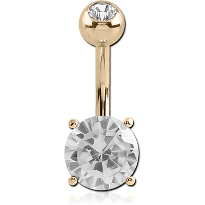 14K GOLD ROUND PRONG SET 7MM CZ NAVEL BANANA WITH JEWELLED TOP BALL