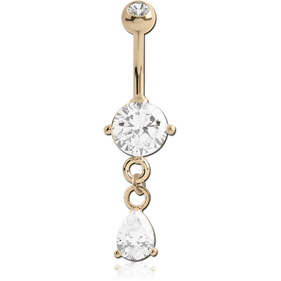 14K GOLD ROUND CZ DANGLE NAVEL BANANA WITH JEWELLED TOP BALL