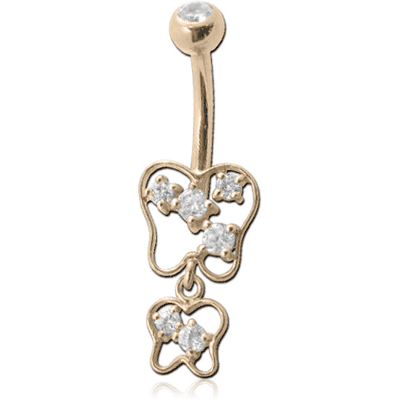 14K GOLD DOUBLE JEWELLED NAVEL BANANA WITH CZ BUTTERFLY CHARM