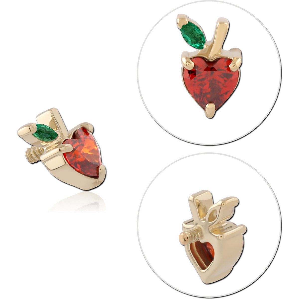 14K YELLOW GOLD INTERNAL THREADED ATTACHMENT FOR 1.2MM TOP RED HEART GEM WITH GREEN LEAF