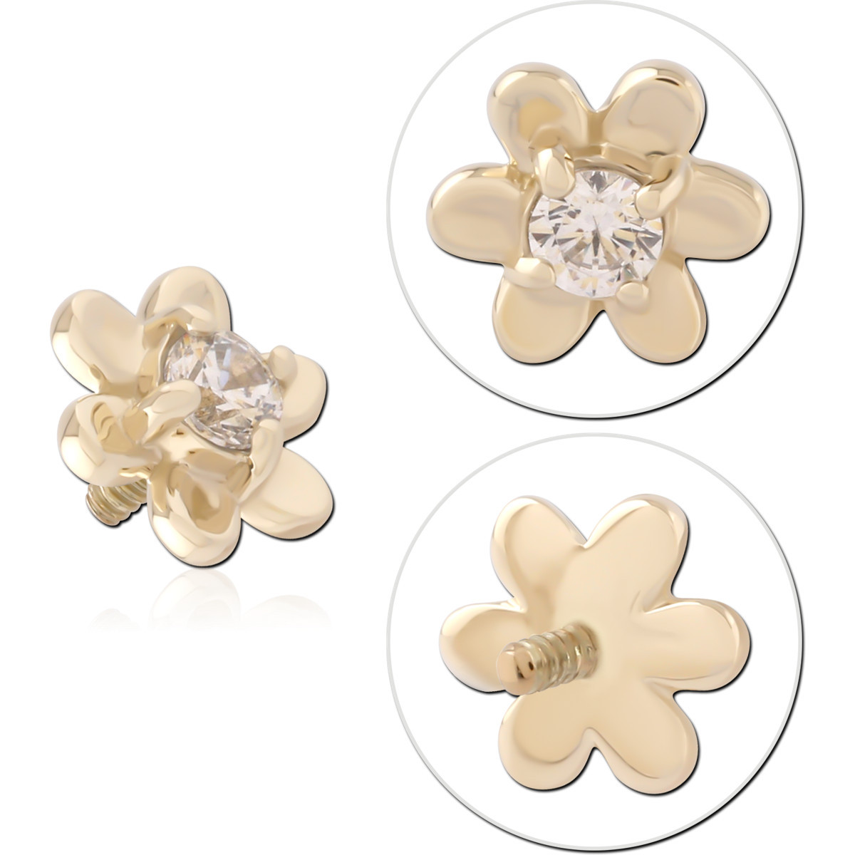 14K YELLOW GOLD INTERNAL THREADED ATTACHMENT FOR 1.2MM TOP SIX PETAL FLOWER WITH ROUND GEM