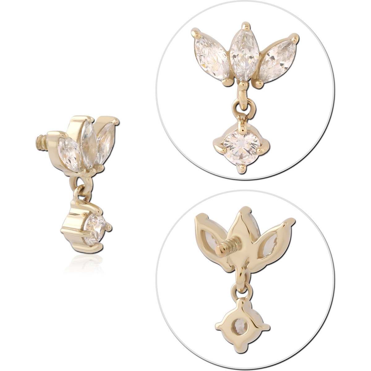 14K YELLOW GOLD INTERNAL THREADED ATTACHMENT FOR 1.2MM TOP TRIPLE MARQUISE GEMS WITH SQUARE GEM CHARM