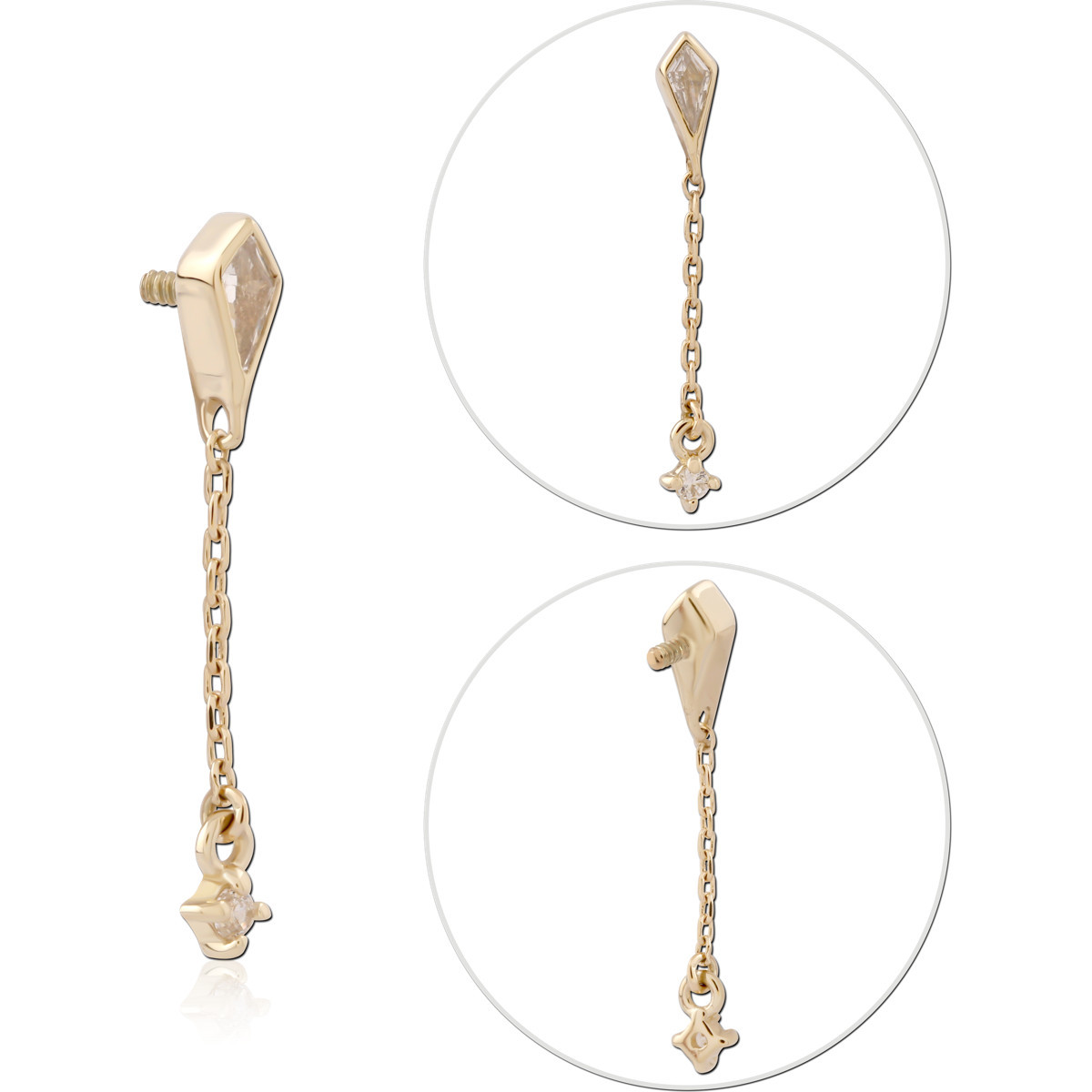 14K YELLOW GOLD INTERNAL THREADED ATTACHMENT FOR 1.2MM TOP KITE GEM WITH CHAIN DROP AND GEM CHARM
