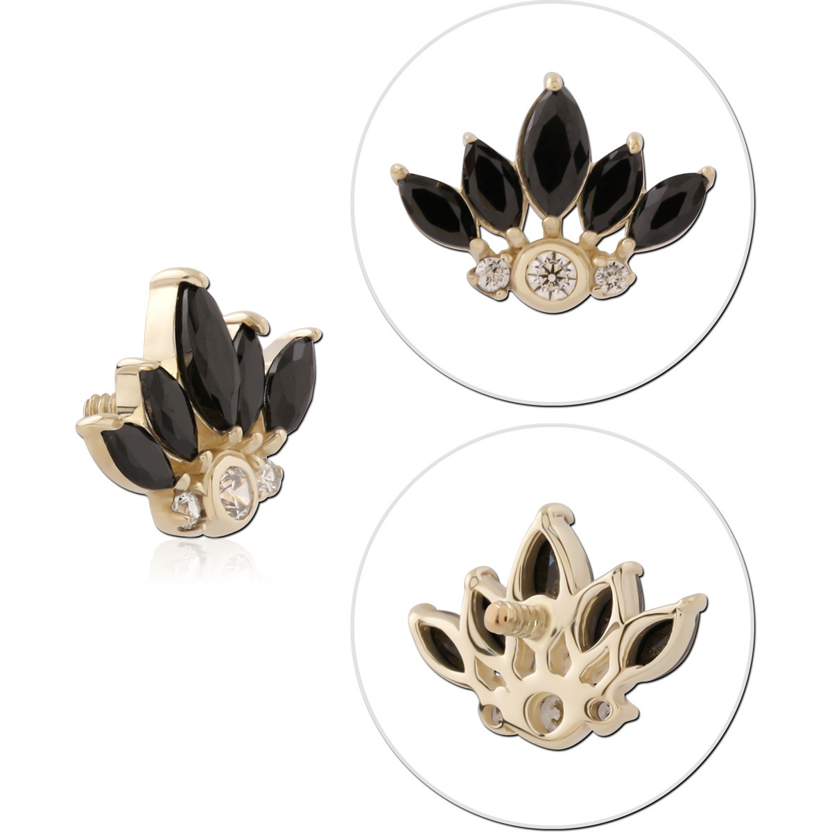 14K YELLOW GOLD INTERNAL THREADED ATTACHMENT FOR 1.2MM TOP BLACK MARQUISE FAN WITH THREE ROUND GEMS