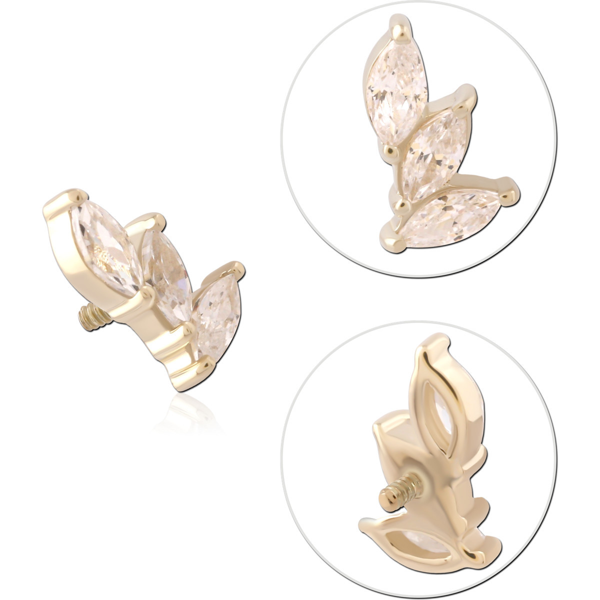 14K YELLOW GOLD INTERNAL THREADED ATTACHMENT FOR 1.2MM TOP TRIPLE MARQUISE GEM LEAF RIGHT CURVE