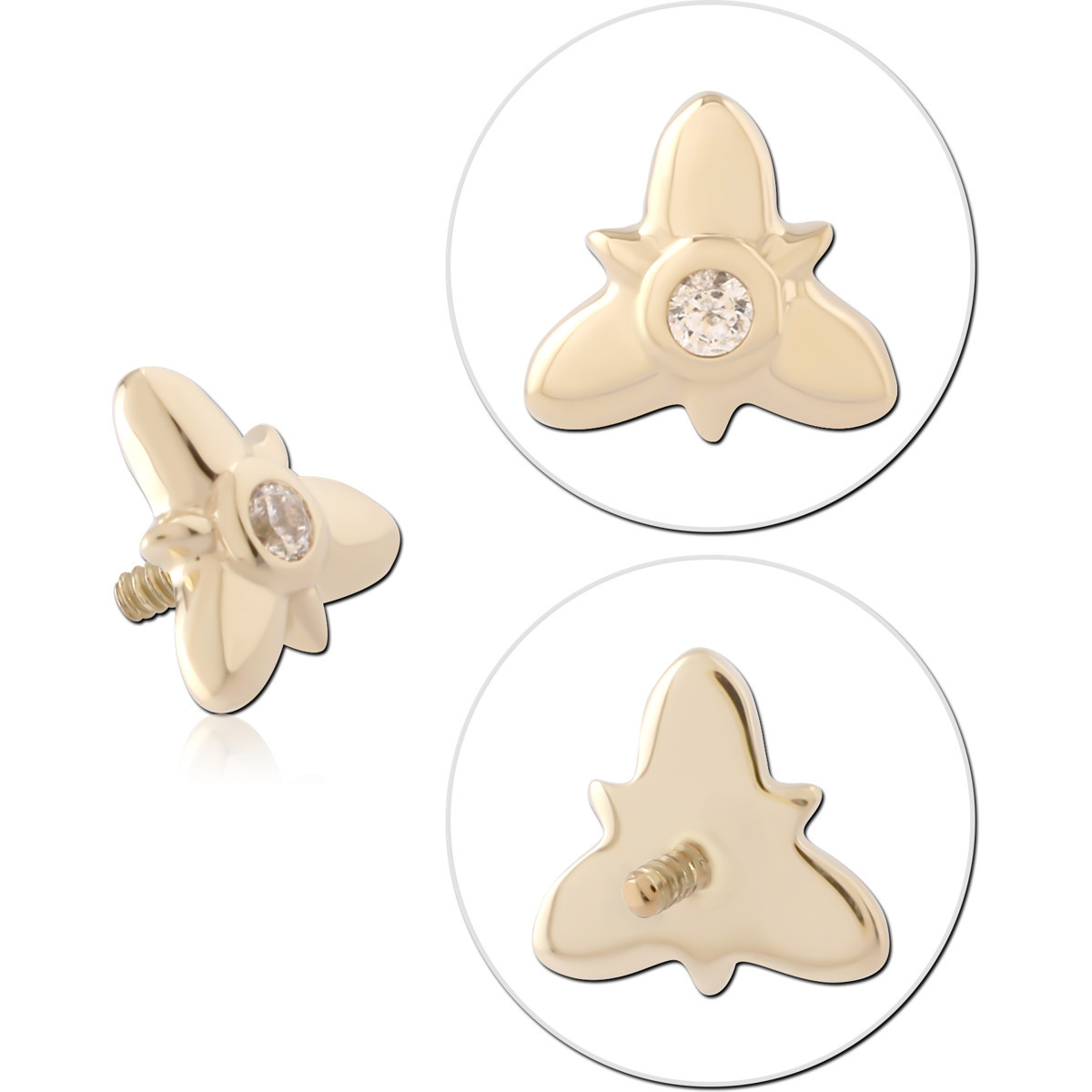 14K YELLOW GOLD INTERNAL THREADED ATTACHMENT FOR 1.2MM THREE PETAL FLOWER CENTER GEM