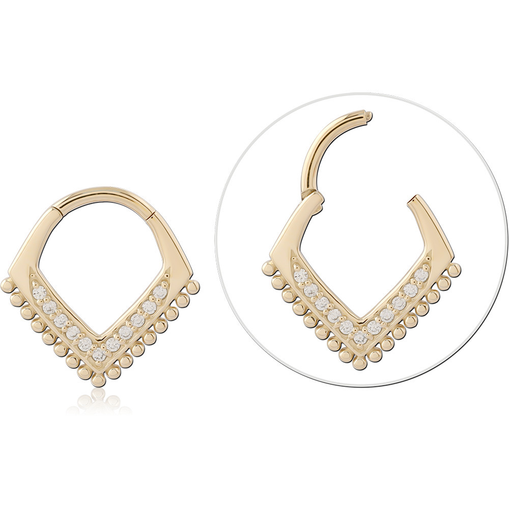 14K GOLD HINGE SEGMENT RING CHEVRON CZ BEADED EDGE