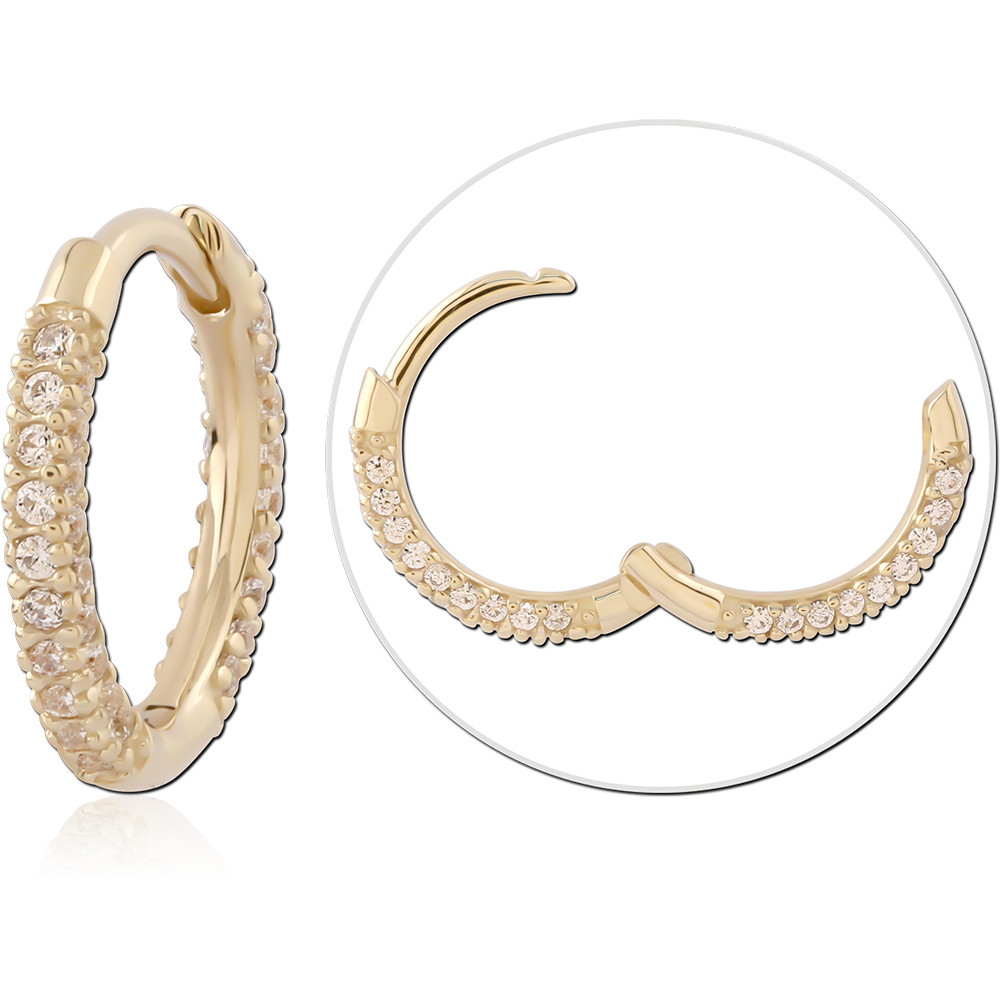 14K YELLOW GOLD HINGED SEGMENT RING PAVE ROUND GEMS FRONT FACING