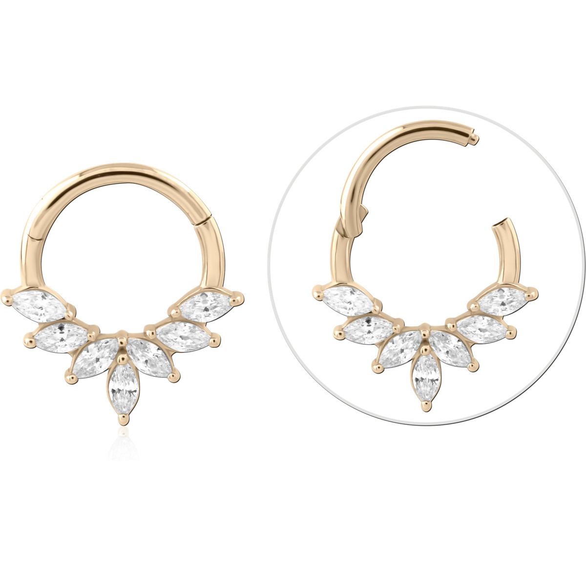 14K GOLD SEAMLESS HINGED CLICKER WITH CZ CRYSTALS