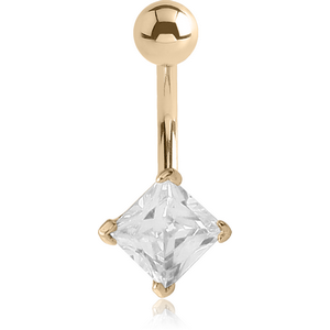 14K GOLD SQUARE PRONG SET 5MM CZ NAVEL BANANA WITH HOLLOW TOP BALL