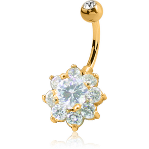 14K GOLD FLOWER MULTI CZ NAVEL BANANA WITH JEWELLED TOP BALL