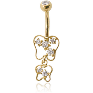 14K GOLD DOUBLE JEWELLED NAVEL BANANA WITH CZ BUTTERFLY CHARM