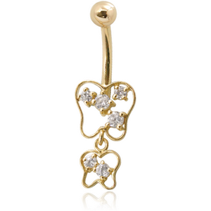 14K GOLD CZ BUTTERFLY CHARM NAVEL BANANA WITH HOLLOW TOP BALL