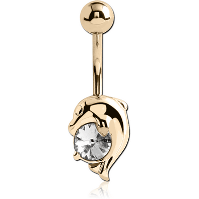 18K GOLD CZ DOLPHIN NAVEL BANANA WITH HOLLOW TOP BALL