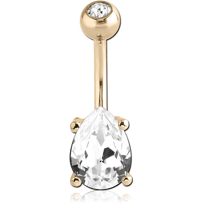 18K GOLD PEAR PRONG SET 7X9MM CZ NAVEL BANANA WITH JEWELLED TOP BALL
