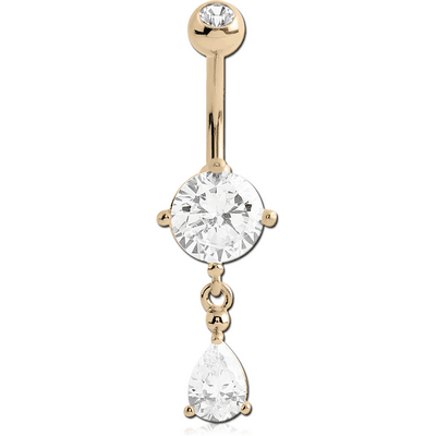 18K GOLD ROUND CZ DANGLE NAVEL BANANA WITH JEWELLED TOP BALL