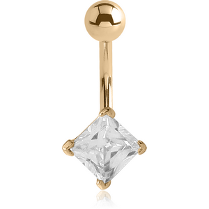 18K GOLD SQUARE PRONG SET 5MM CZ NAVEL BANANA WITH HOLLOW TOP BALL