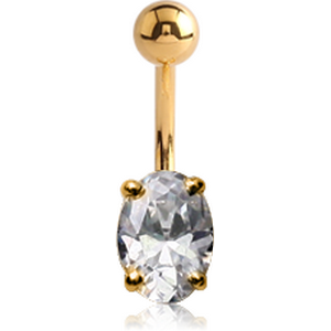 18K GOLD OVAL PRONG SET 5X7MM CZ NAVEL BANANA WITH HOLLOW TOP BALL