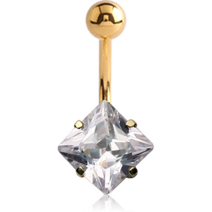 18K GOLD SQUARE PRONG SET 8MM CZ NAVEL BANANA WITH HOLLOW TOP BALL