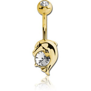 18K GOLD CZ DOLPHIN NAVEL BANANA WITH JEWELLED TOP BALL