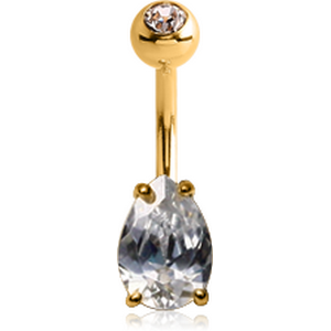 18K GOLD PEAR PRONG SET 5X7MM CZ NAVEL BANANA WITH JEWELLED TOP BALL