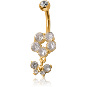 18K GOLD CZ AND BUTTERFLY CHARM NAVEL BANANA WITH JEWELLED TOP BALL