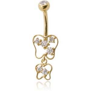 18K GOLD DOUBLE JEWELLED NAVEL BANANA WITH CZ BUTTERFLY CHARM