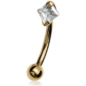 18K GOLD PRONG SET SQUARE CZ CURVED MICRO BARBELL