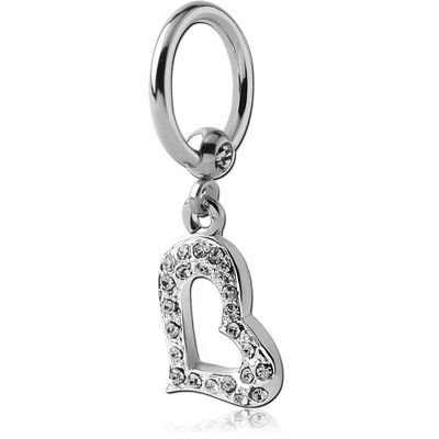 SURGICAL STEEL JEWELLED BALL CLOSURE RING WITH JEWELLED HEART CHARM