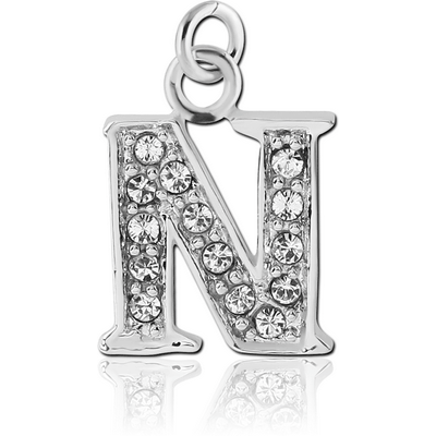 RHODIUM PLATED BRASS JEWELLED LETTER CHARM - N