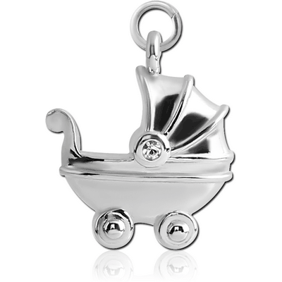 RHODIUM PLATED BRASS JEWELLED CHARM - BABY STOLLER