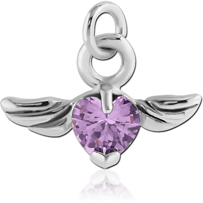 RHODIUM PLATED BRASS JEWELLED WINGED HEART CHARM