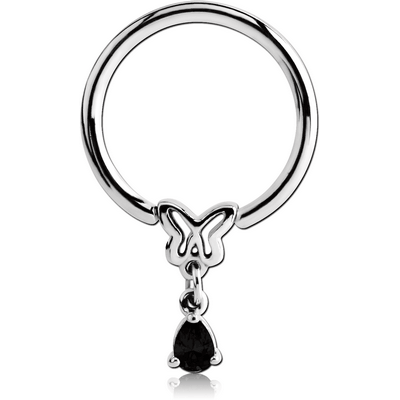 SURGICAL STEEL BALL CLOSURE RING WITH JEWELLED ATTACHMENT - BUTTERFLY WITH DANGLING DROP