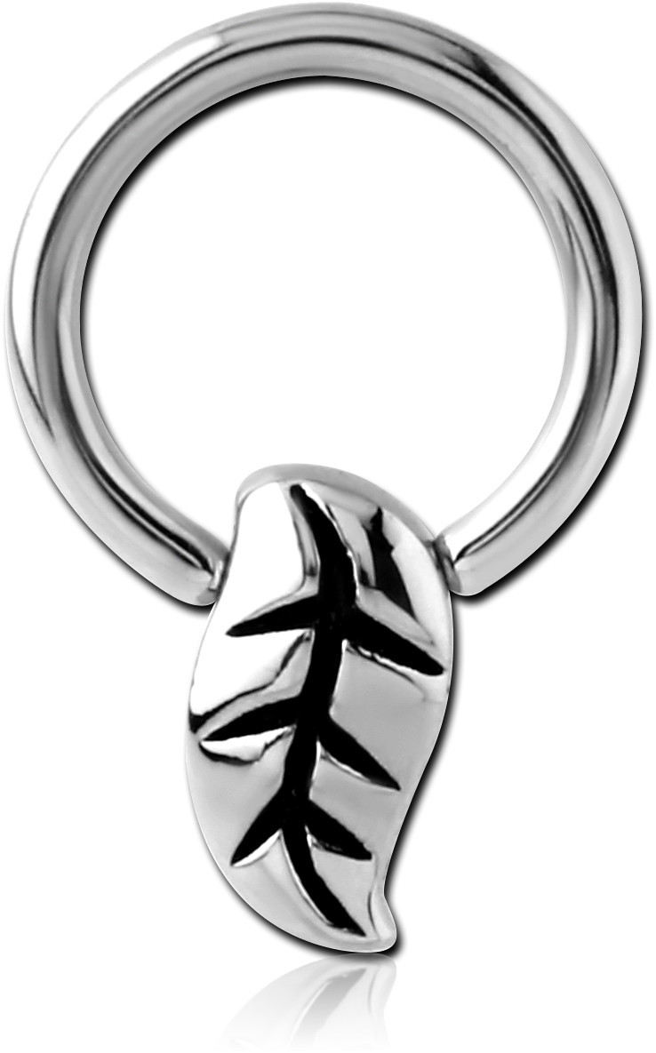 316L SURGICAL STEEL BALL CLOSURE RING WITH LEAF CHARM OXIDIZED DETAILING