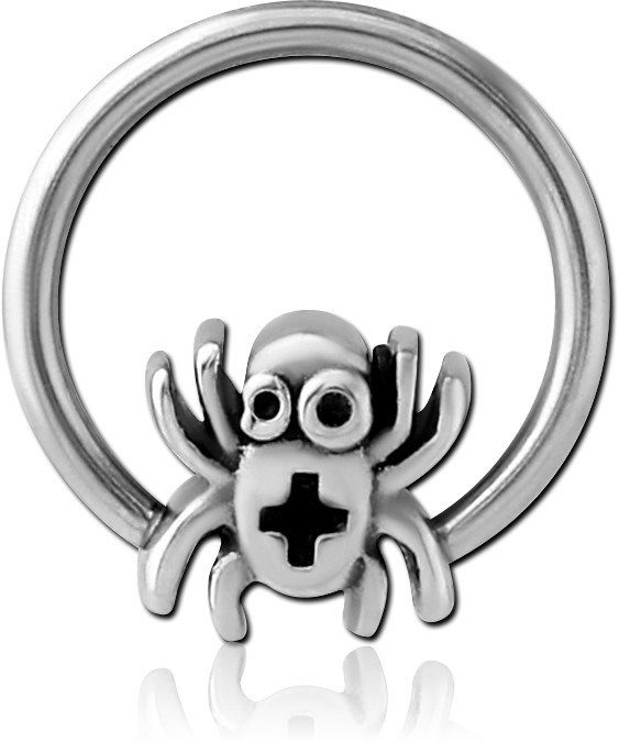 316L SURGICAL STEEL BALL CLOSURE RING WITH SPIDER CHARM OXIDIZED DETAILING