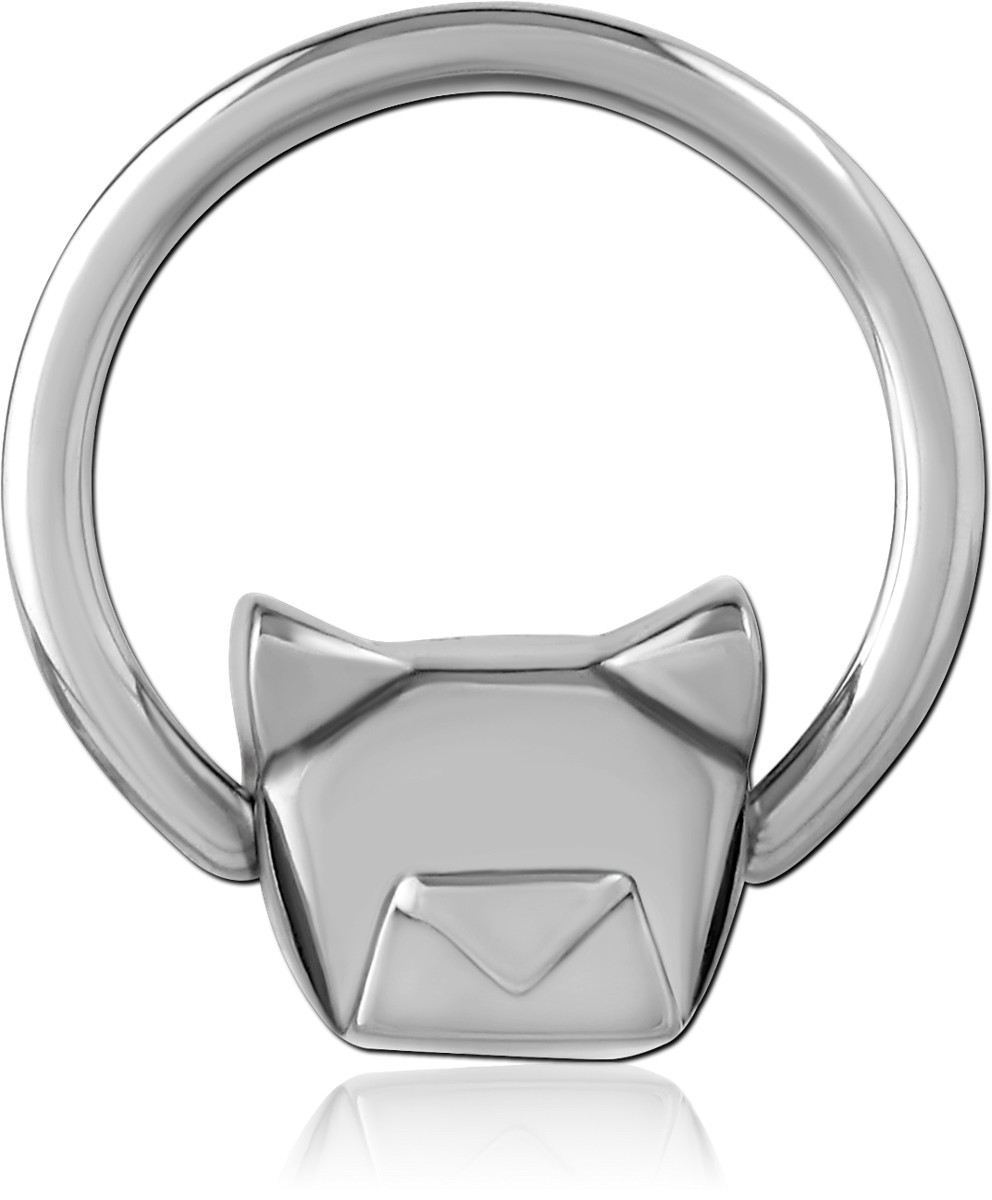 316L SURGICAL STEEL BALL CLOSURE RING WITH CAT FACE CHARM POLISHED FINISH