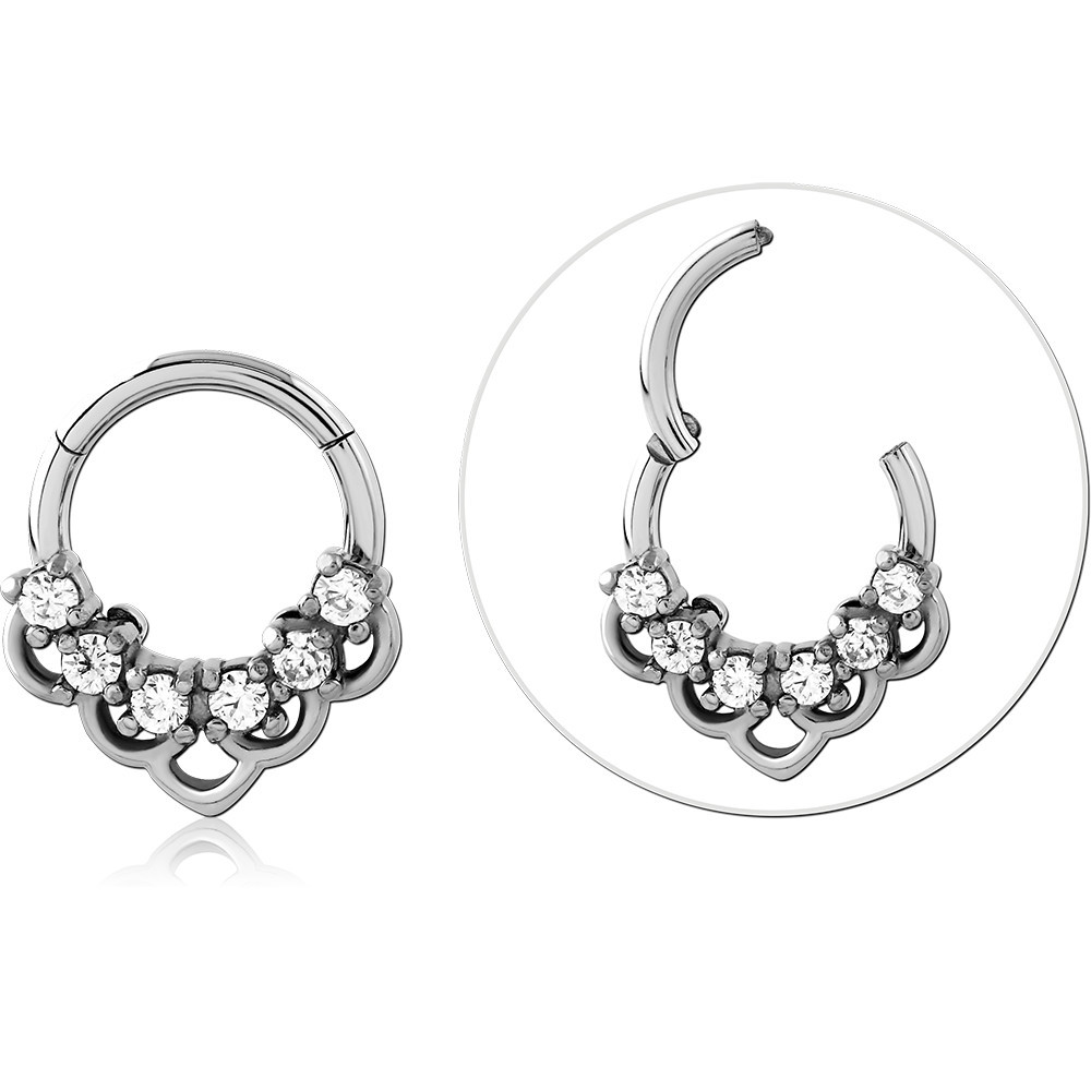 STEEL HINGE SEGMENT RING SCALLOPED FILIGREE WITH ROUND GEM ACCENTS