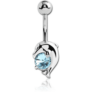 RHODIUM PLATED BRASS SWAROVSKI CRYSTAL JEWELLED DOLPHIN NAVEL BANANA