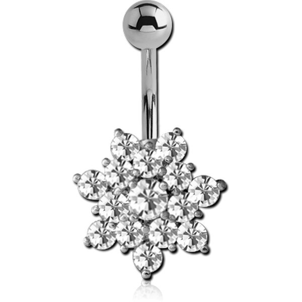 RHODIUM PLATED BRASS JEWELLED SNOWFLAKE NAVEL BANANA