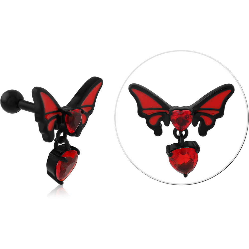 316L BLACK PVD COATED SURGICAL STEEL BARBELL RED BAT HEART WITH HEART CHARM