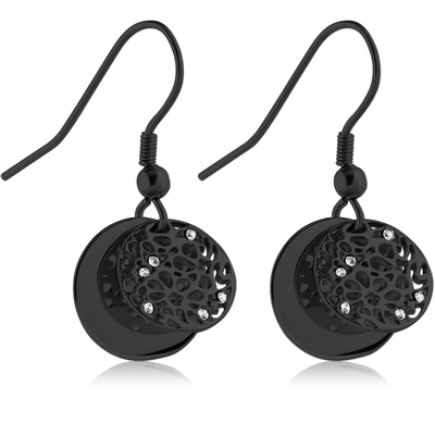 BLACK PVD COATED SURGICAL STEEL JEWELLED EARRINGS - TWO DISKS