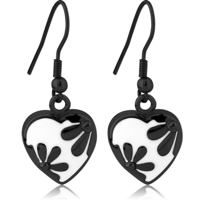 BLACK PVD COATED SURGICAL STEEL EARRINGS WITH ENAMEL - HEART WITH FLOWERS