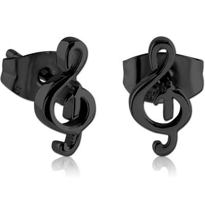 BLACK PVD COATED SURGICAL STEEL EAR STUDS PAIR - MUSIC NOTE