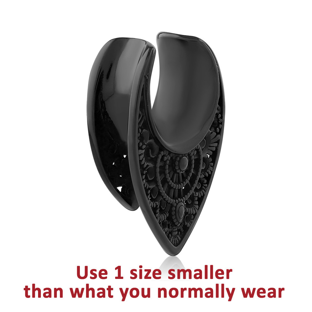 BLACK PVD COATED SURGICAL STEEL HALF TUNNEL SADDLE MANDALA FLORAL ENGRAVED