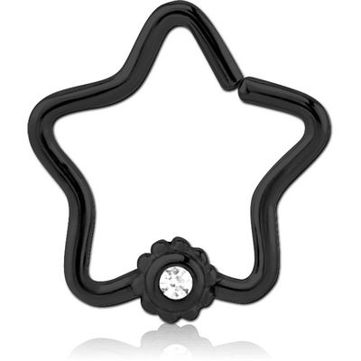 BLACK PVD COATED SURGICAL STEEL JEWELLED OPEN STAR SEAMLESS RING