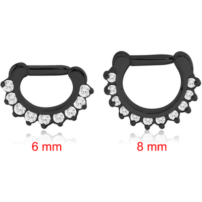 BLACK PVD COATED SURGICAL STEEL ROUND PRONG SET SWAROVSKI CRYSTAL JEWELLED HINGED SEPTUM CLICKER RING