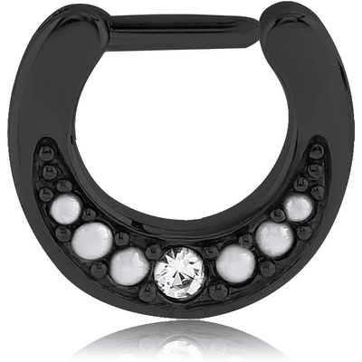 BLACK PVD COATED SURGICAL STEEL ROUND JEWELLED HINGED SEPTUM CLICKER WITH SYNTHETIC PEARL