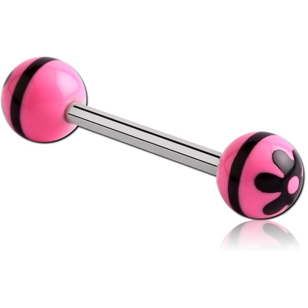 SURGICAL STEEL BARBELL WITH ACRYLIC RETRO FLOWER PRINTED BALL